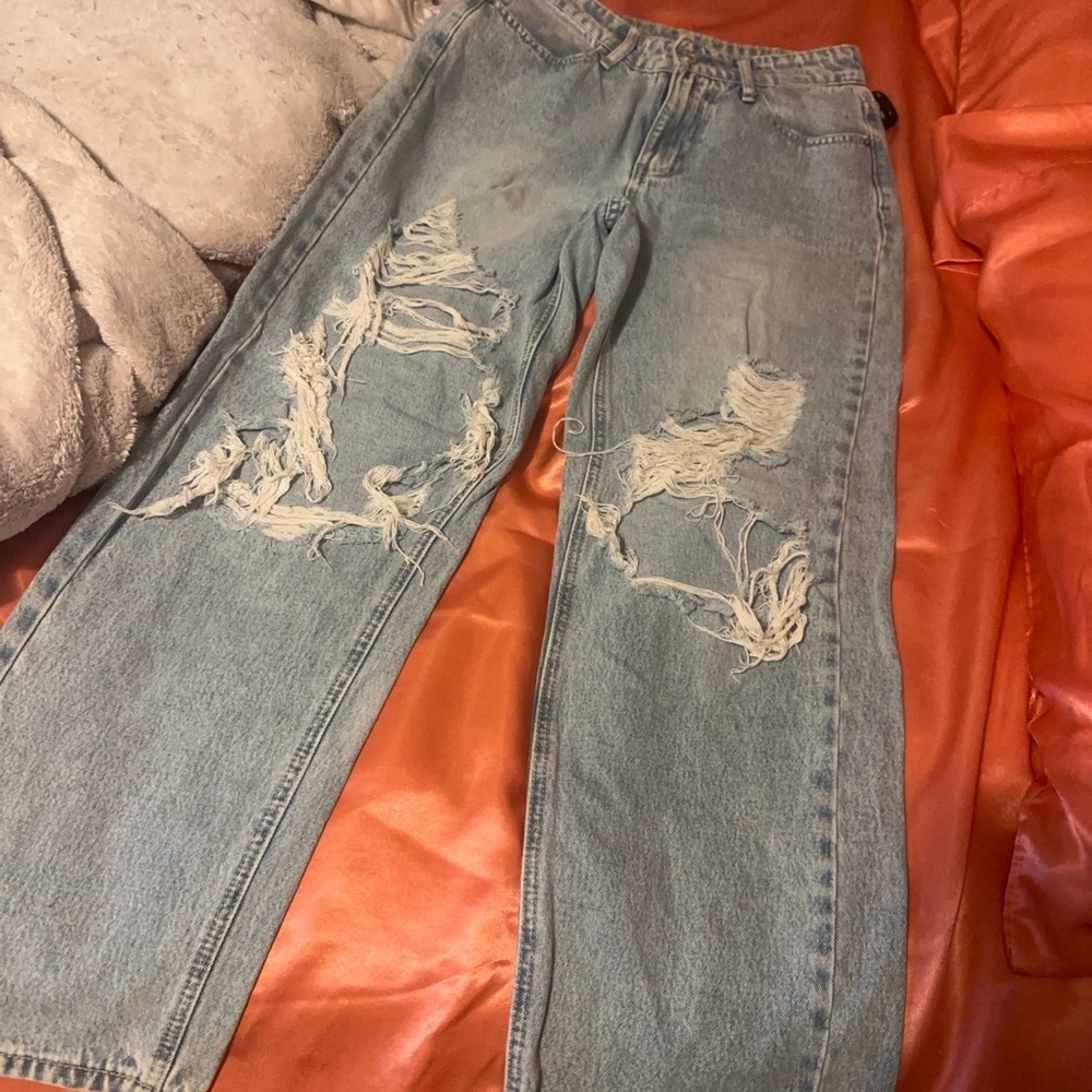 SHEIN High Rise Distressed Jeans - Light Blue